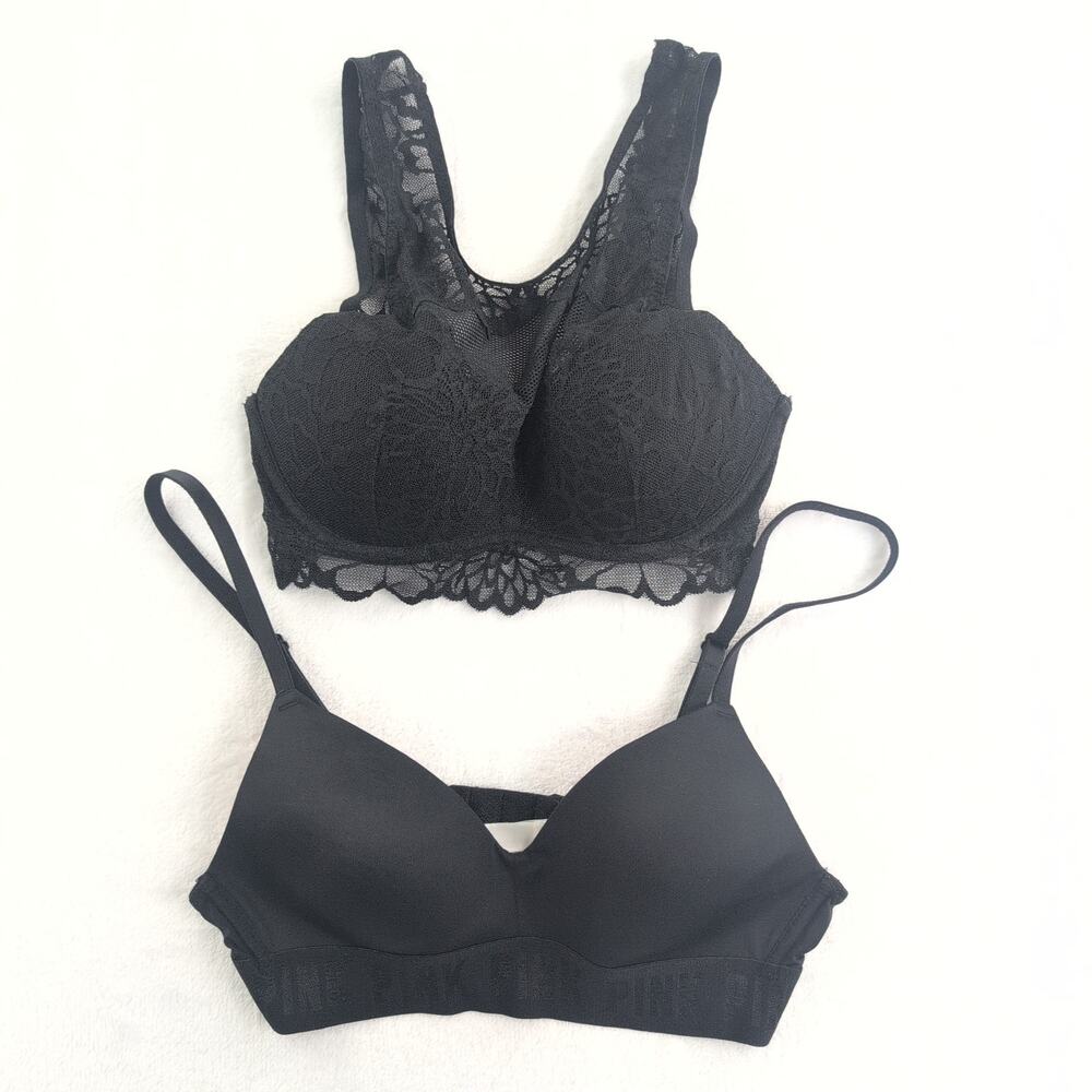Victoria's Secret PINK (2) Lace Bralette/Wear Everywhere TShirt Bras Size XS/34A
